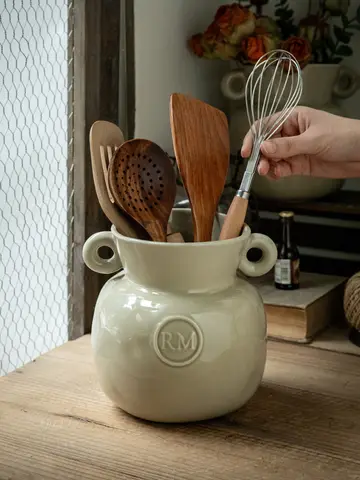 European Style Double Ear Pot Belly Ceramic Vase Kitchen Utensil Holder Retro Decor