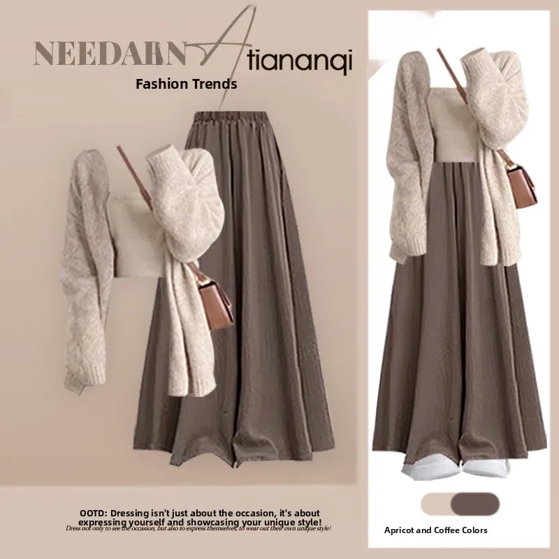 

Lazy Style Women's Three-Piece Set Autumn Winter Long Sleeve Open Cardigan Casual Wide Leg Skirt Pants Korean Anti-Aging