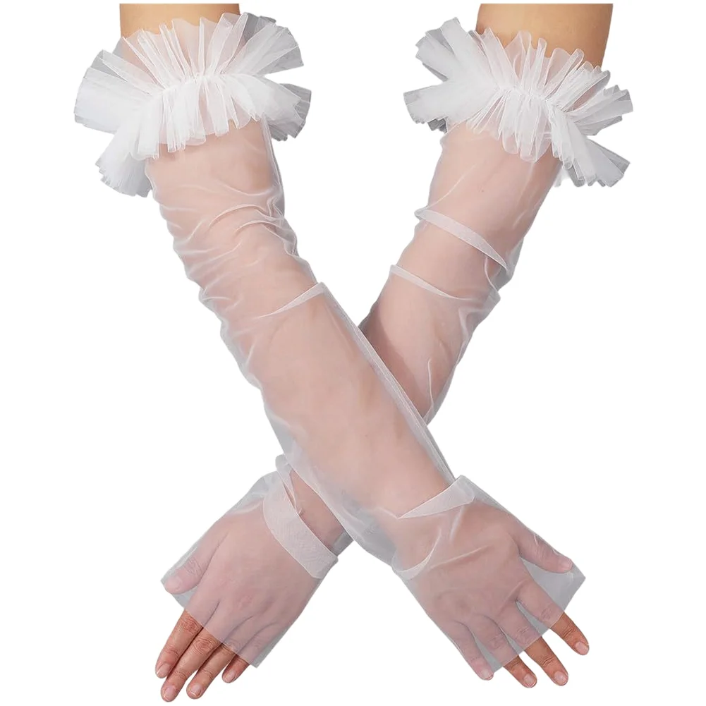 Ruffled Cuffs Mesh Sleevelets Gloves Black White for Bride Wedding Opera Halloween Party and Formal Dress Accessory