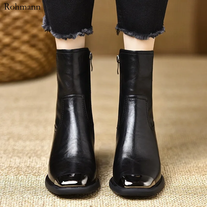 2025 new retro metal toe block heel temperament premium side zipper versatile boots