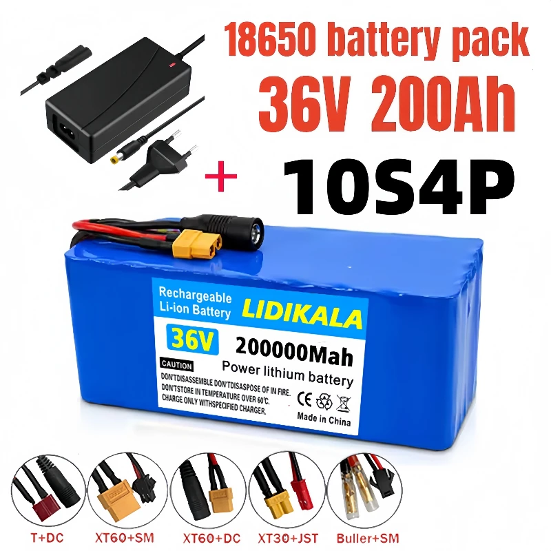 36V 200Ah 10S4P E-Bike Lithium-Akku 200000mAh mit Ladegerät XT60 DC-Stecker für Elektrofahrrad und -roller