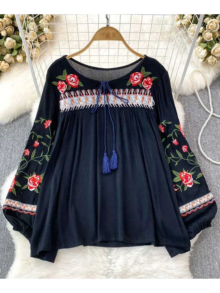 Women Spring Autumn Blouse Bohemian Vintage Lantern Long Sleeve Round Neck Embroidered Loose Pullover Shirt Casual Top D5081