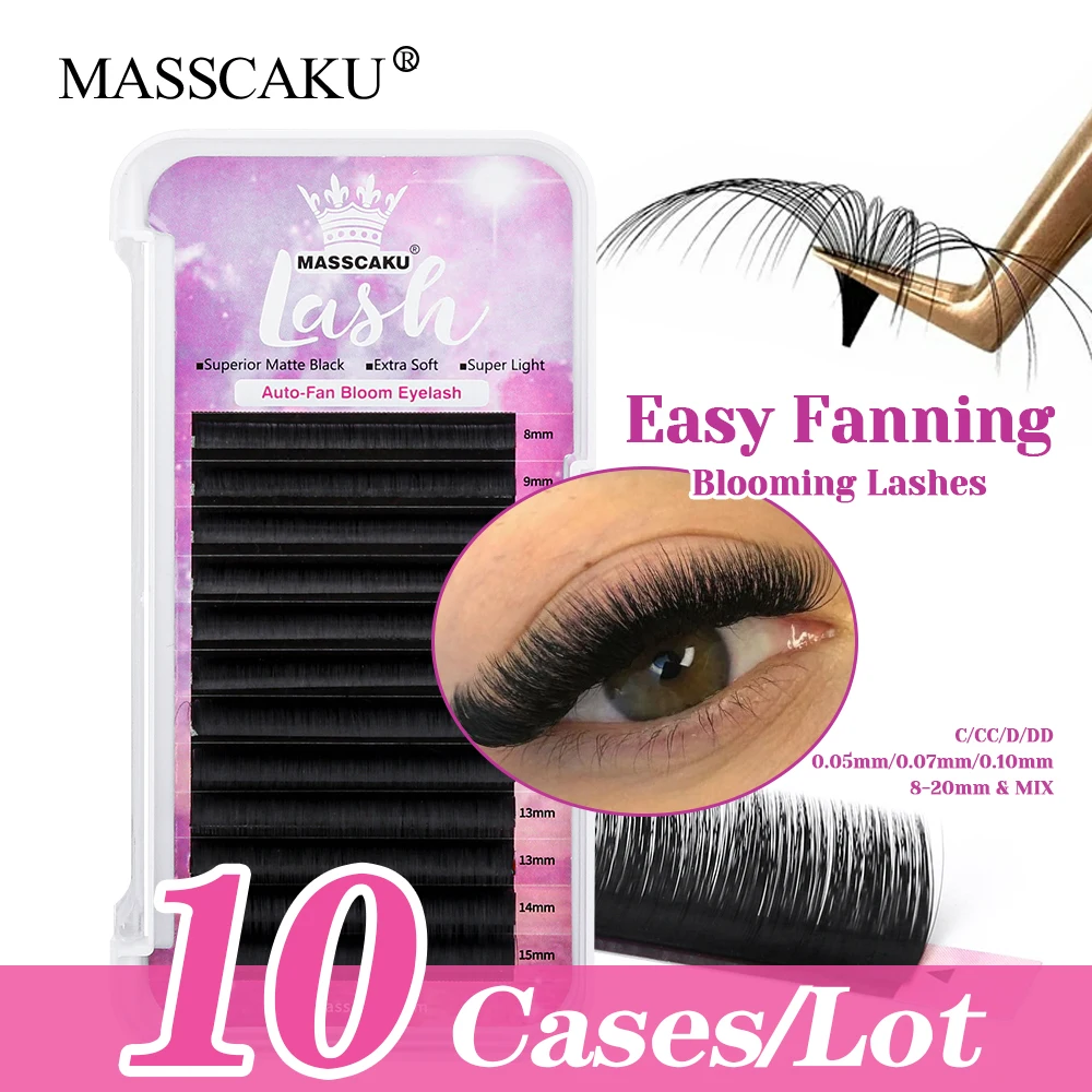 

Wholesale MASSCAKU 10cases/lot Korean PBT Fiber Automatic Flowering Lashes Soft Natural Looks One Second Fanning Lash in Stock