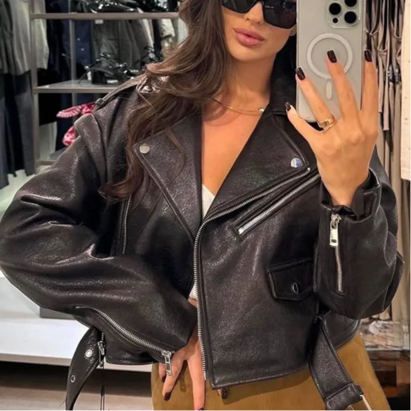 

Women Trendy Artificial Leather Motorcycle Jacket Cool Solid Color Lapel Long Sleeved Coat New Autumn Winter High Street Outwear