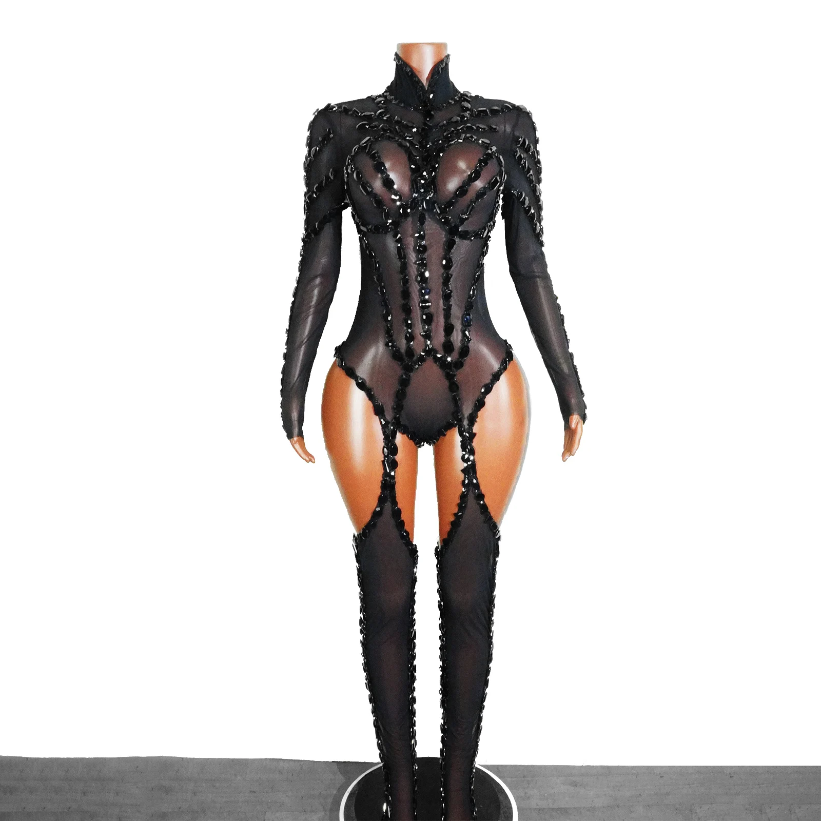 

Sexy Hollow Pantyhose Women Rhinestone Black Jumpsuit Mesh Transparent Drag Queen Outfit Party Dance GOGO Stage Performance Wear