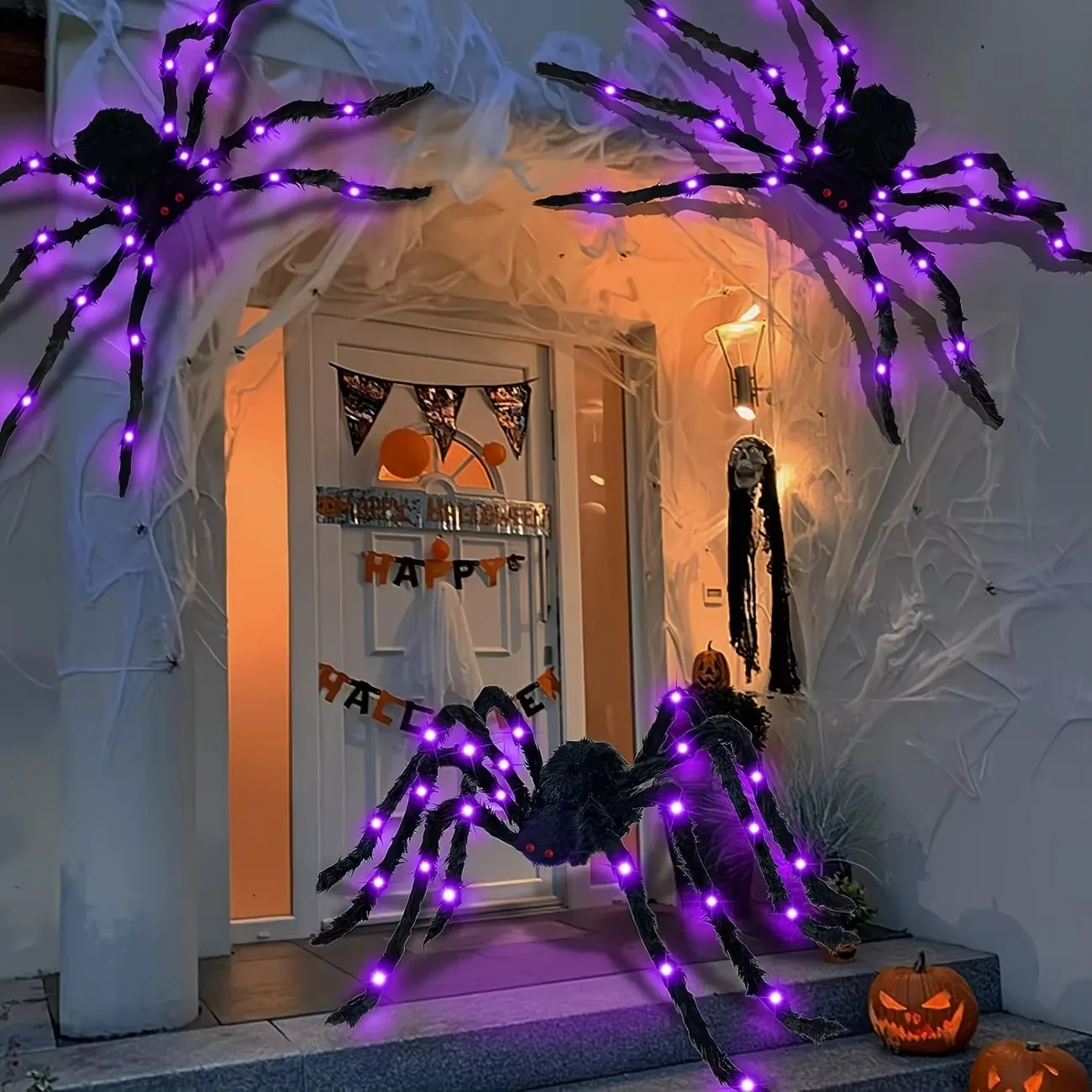 Purple LED Halloween Spider Decorations, 59 Inch Fuzzy Battery Operated, for Haunted House Bar Wall Yard Creepy Party Props