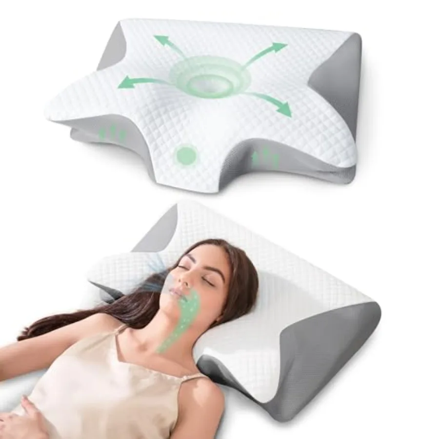 

Ортопедическая подушка из пены с эффектом памяти 2-в-1 с эргономичной поддержкой шеи, подлокотником и отверстием для уха для сна на боку, спине и животе.