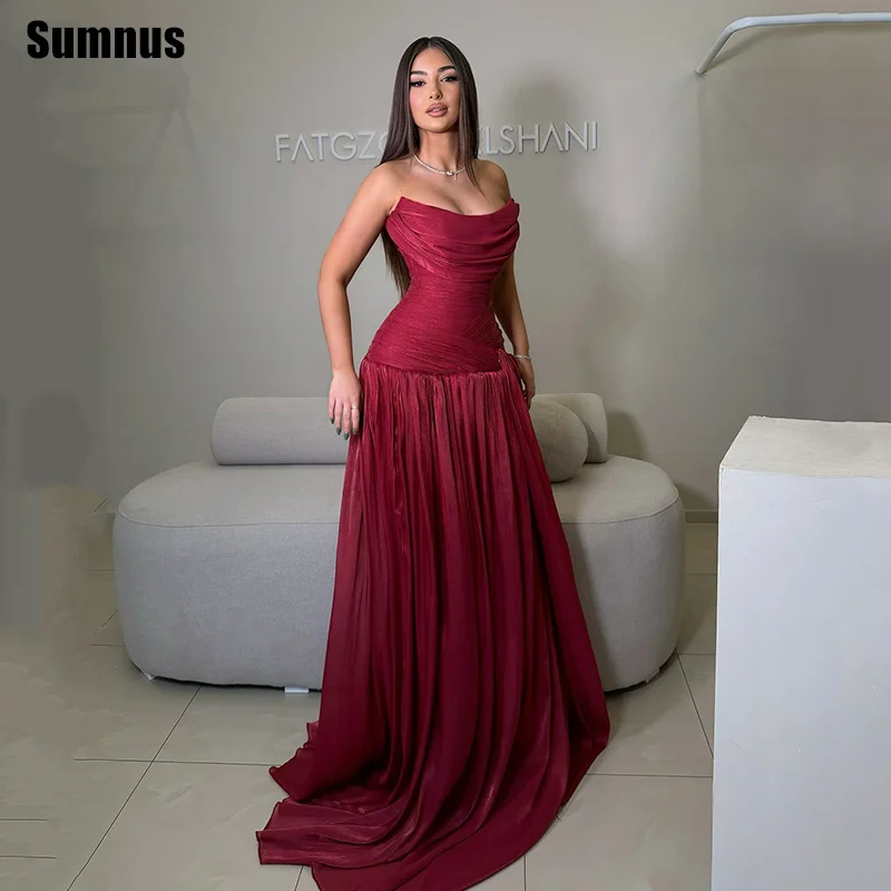 

Sumnus Elegant A-Line Prom Dress Burgundy Pleats Boat Neck Sleeveless Maxi Evening Dress Gala فساتين سهرة Customized
