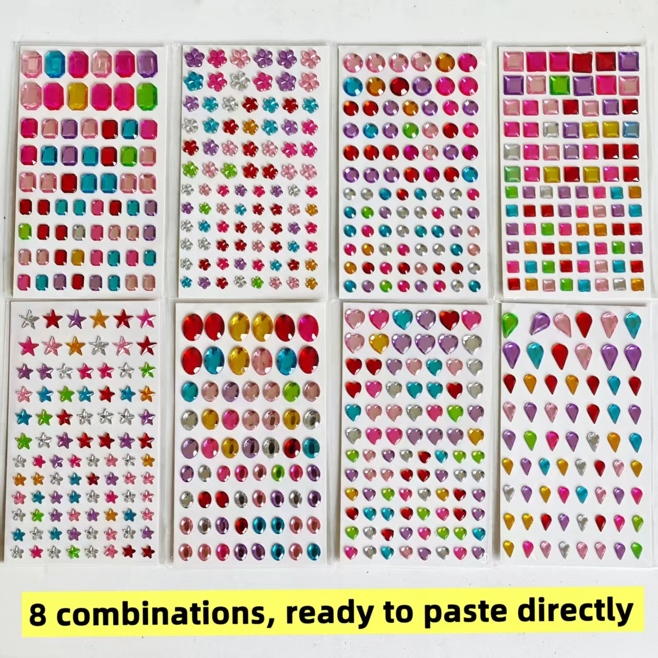 8 Sheets of 635 Colorful Cartoon Heart, Star, and Round Rhinestone Stickers, Suitable for Handmade Face Decoration, Various Shape and Color Combinations: Water Drop, Square, Oval, Flower