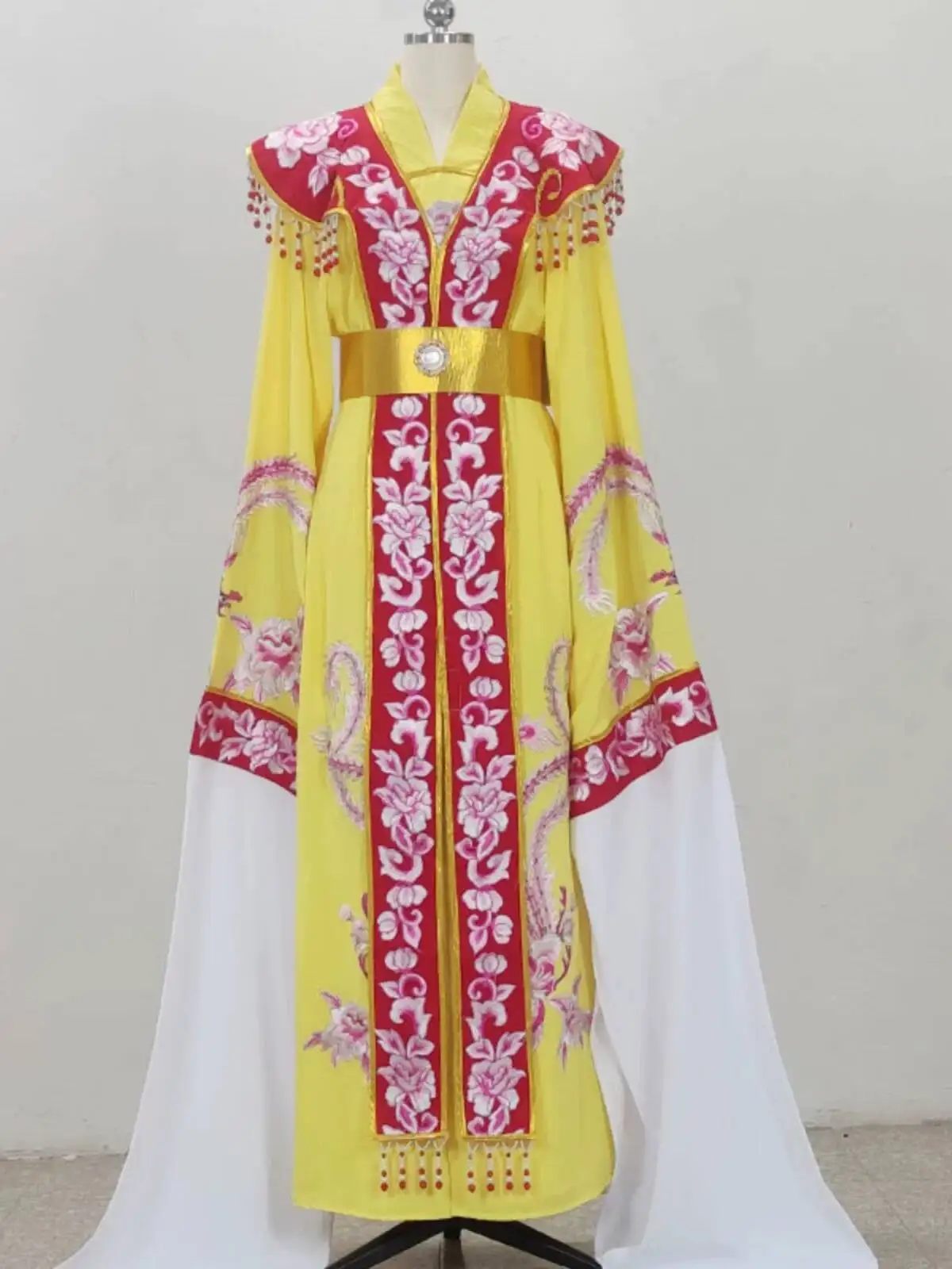 

Yellow Chinese Traditional Yue Opera Costume With Phoenix Embroidery Water Sleeves For Huangmei Opera Performance