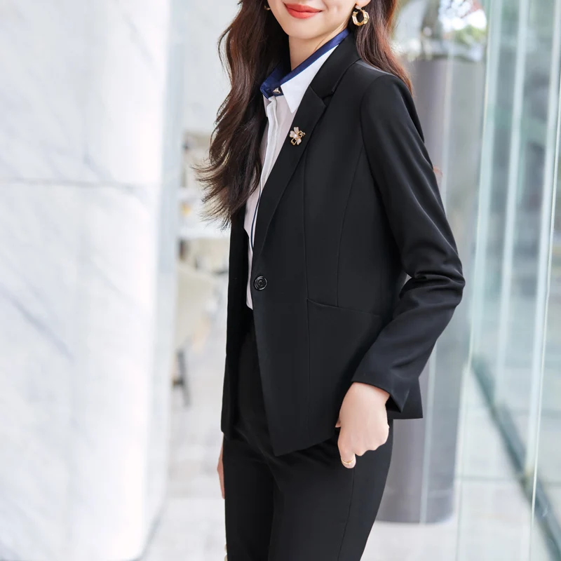 NAVIU Navy Blue Suits Women Autumn New Professional Temeprament Interview Slim Blazer And Pants Sets Office Lady Work Wear Black