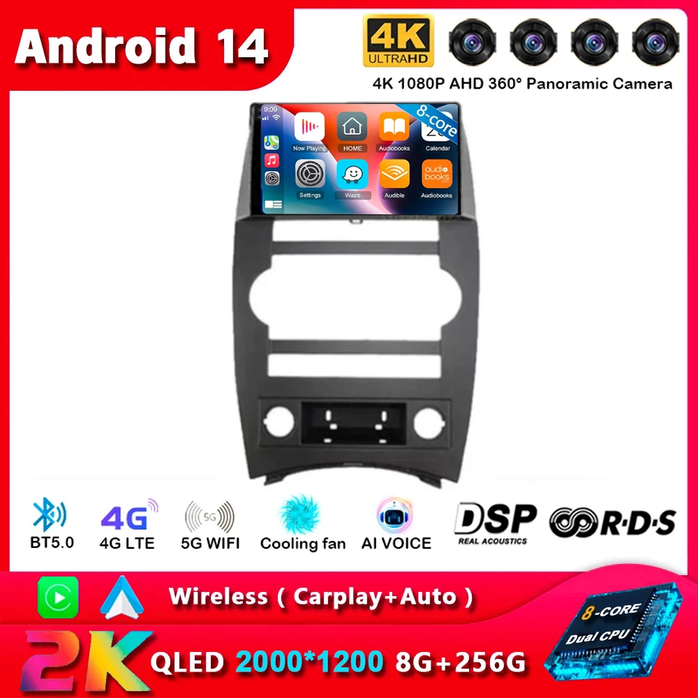 Android 14 CarPlay Auto Car Radio For Jeep Cherokee Commander XK 2007 2008 Multimedia GPS Player Autoradio Navigation Stereo DSP