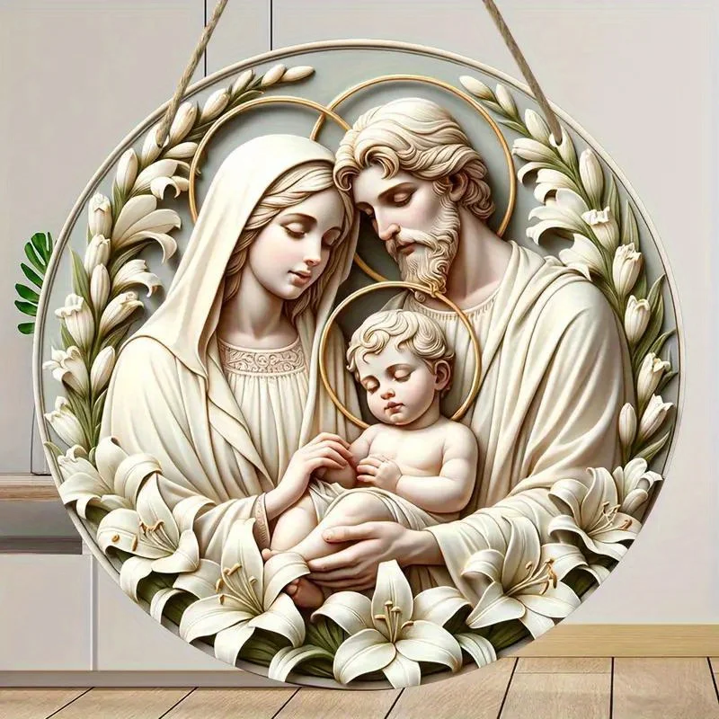 1pc, 2D Baptism Pray Faith Theme Family Wooden 7.9Inch/20cm Round Hanging Sign Wall or Door Decor Wall Art, Outdoor Courtyard