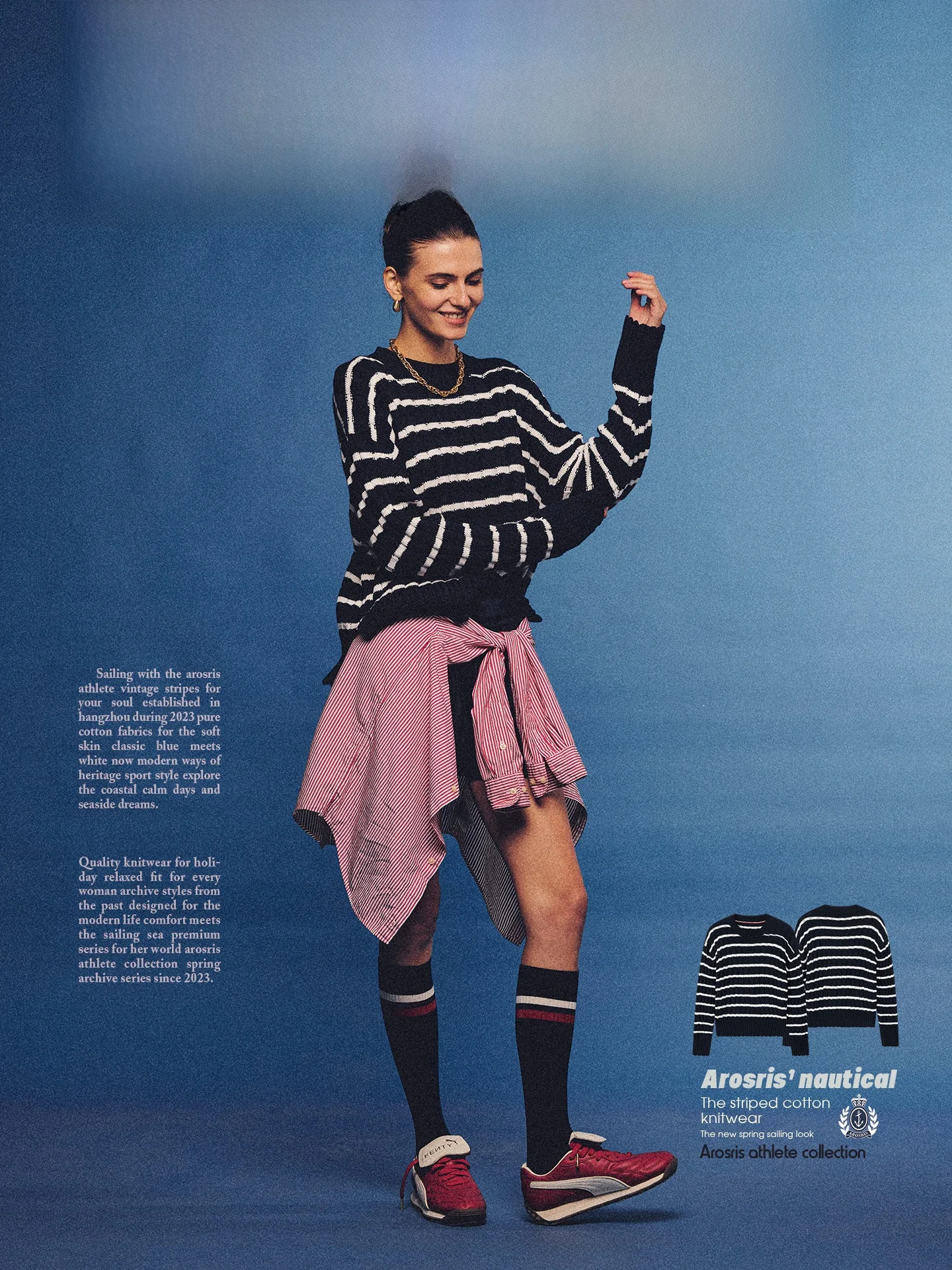 

AROSRIS Женский вязаный свитер в морскую полоску, свободного кроя, из хлопка, с длинными рукавами, круглым вырезом, винтажный американский стиль