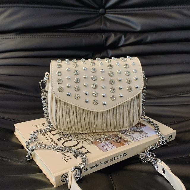 Wykwintne łańcuszki z frędzlami kwadratowe torby na ramię PU diamenty osobowość wysokiej jakości torby damskie typu Crossbody 2024 moda gorąca modna