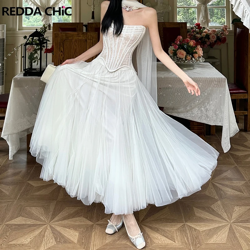 REDDACHiC Flowy Scarf Top Skirt Set for Women Boned Corset Lace Tube Top Elastic Waist Puffy Long Tutu Gown Gothic Retro Clothes