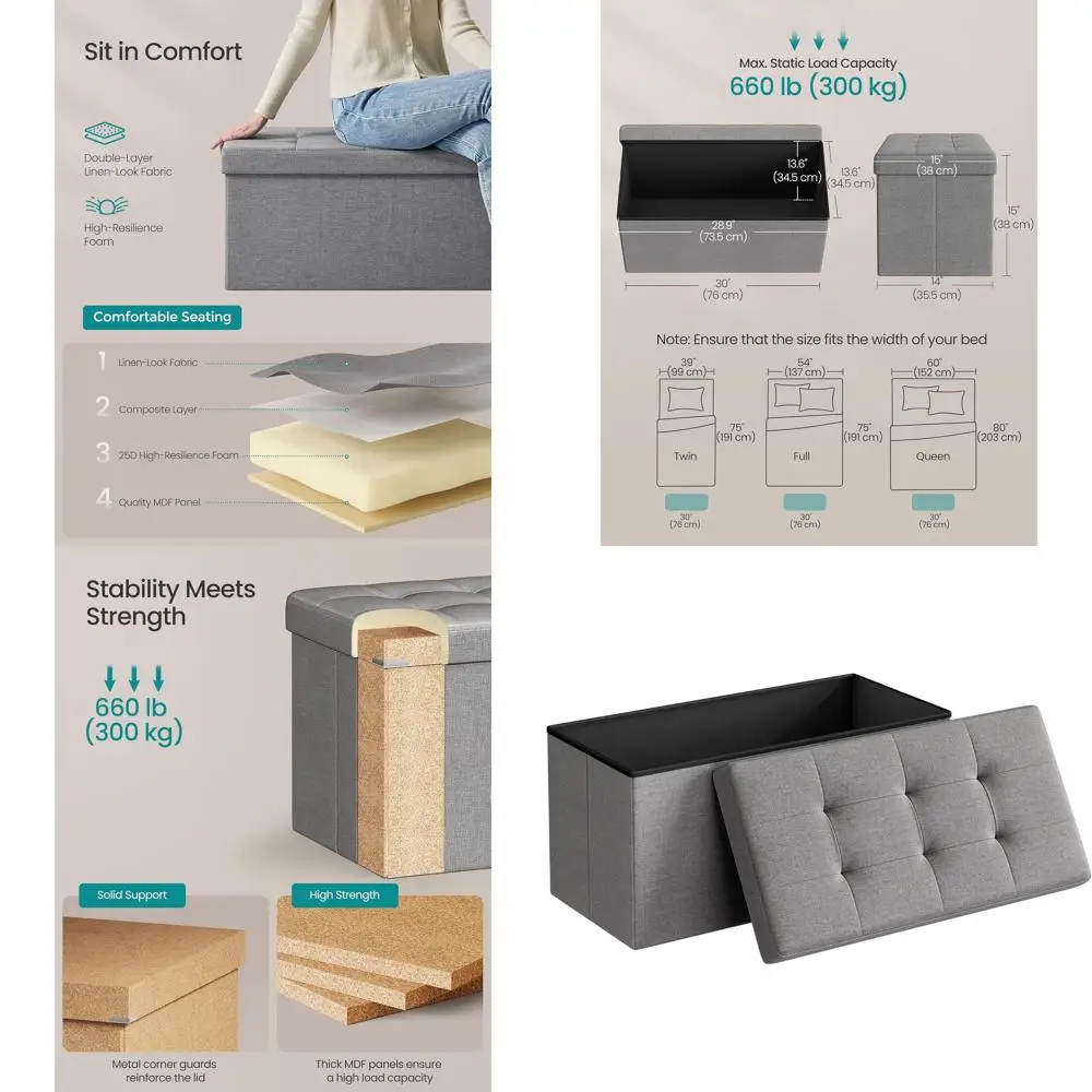 

30 Storage Ottoman Bench - Light Gray, Holds 660 lbs, for Living Room, Bedroom, Entryway