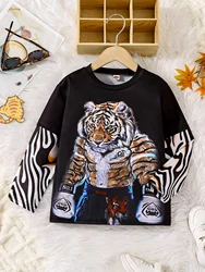 Spring Summer Children Boy T-Shirt Tiger Motif Tattoo Splicing sleeves Top Fashion Kids Boys Clothes For 5-14 years
