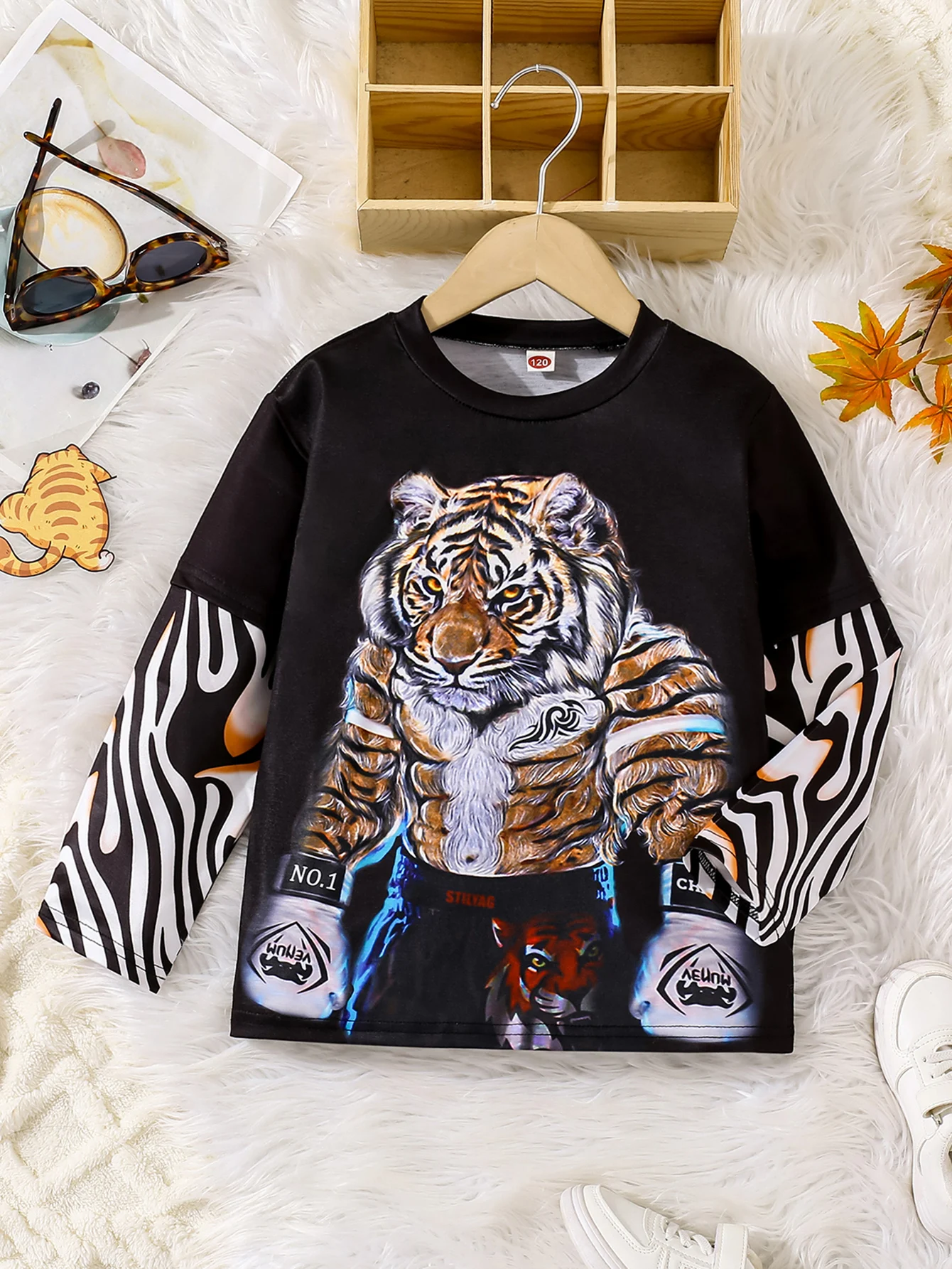 Spring Summer Children T-Shirt Boy Tiger Motif Tattoo Splicing sleeves Top Fashion Kids Boys Clothes For 5-14 years