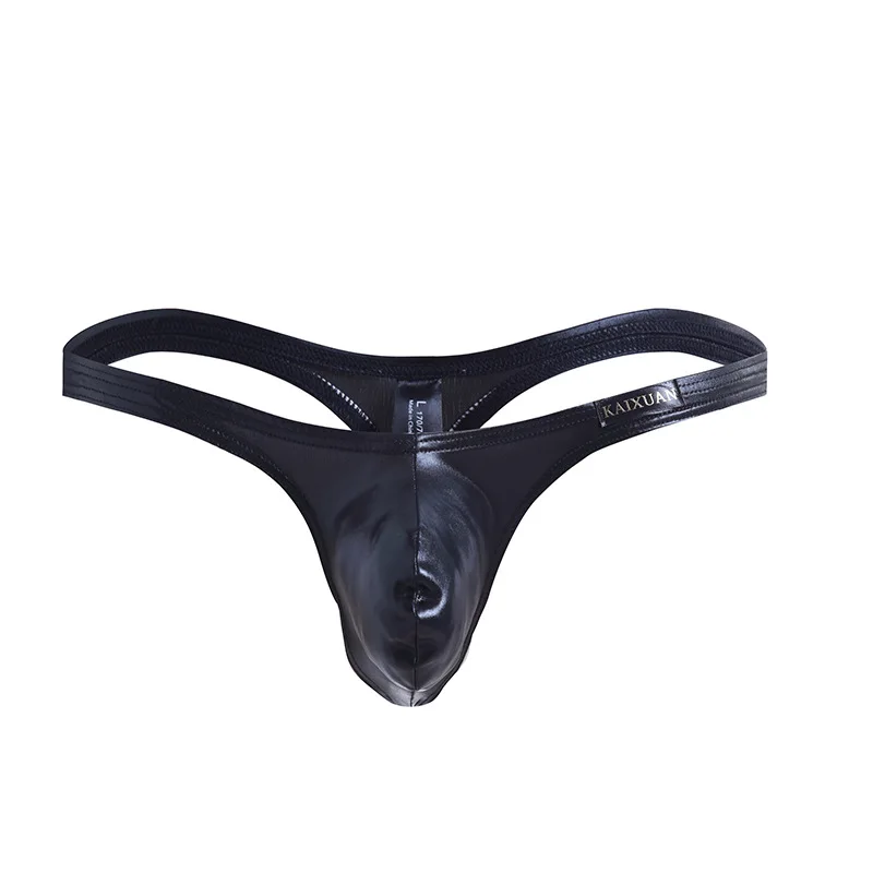Men's Faux Leather Thong, Low Waist U-Pouch Butt Lifting, Breathable Sexy Patent Leather Underwear for Daily Party Gays Knickers