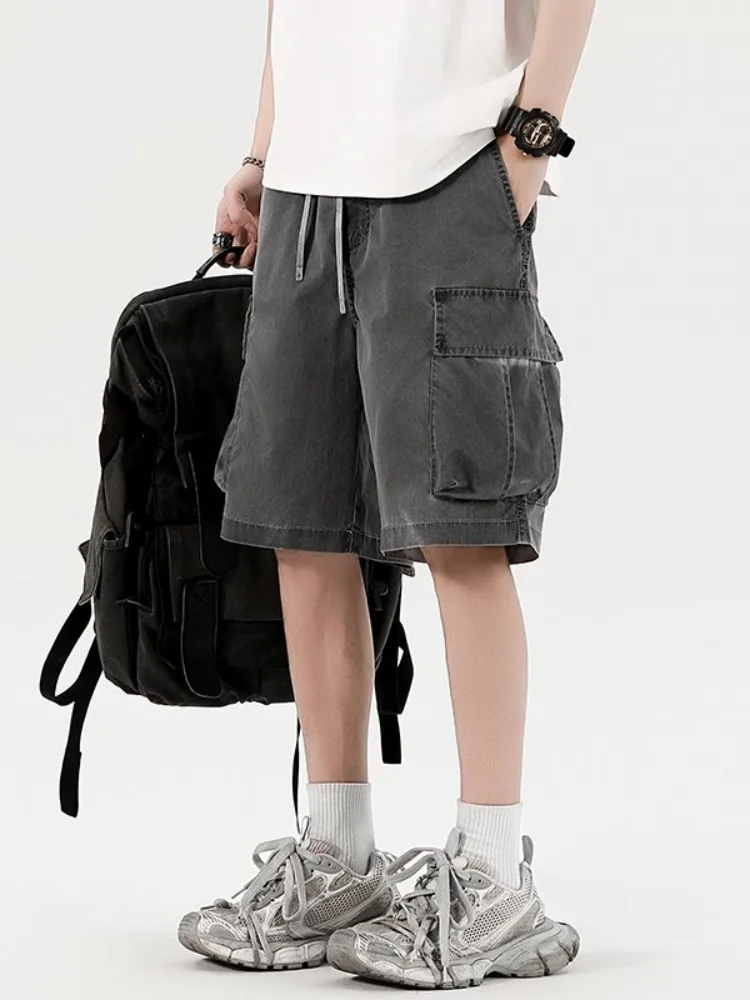Summer New Fashion Trendy American Retro Solid Color Multi-pocket Cargo Shorts Men's Casual Loose Sport Plus Size Shorts
