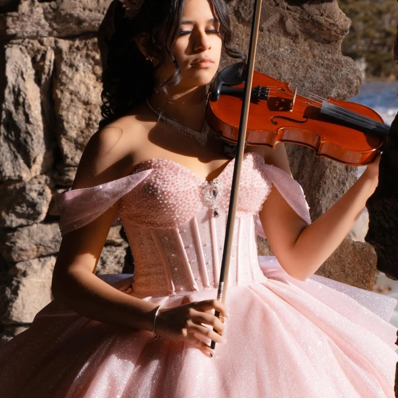 

Shiny Pink Quinceanera Dress off-shoulder Glitter Crystal Lace Pearl Decal Long tail Bow vestidos de 15 Quinceanera ﻿Customize