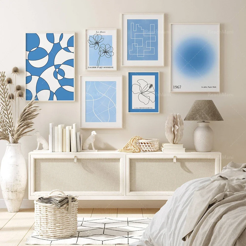 French gallery art print, geometric soft blue lines, blue halo, trendy plaid blue, abstract floral aesthetic decorative poster