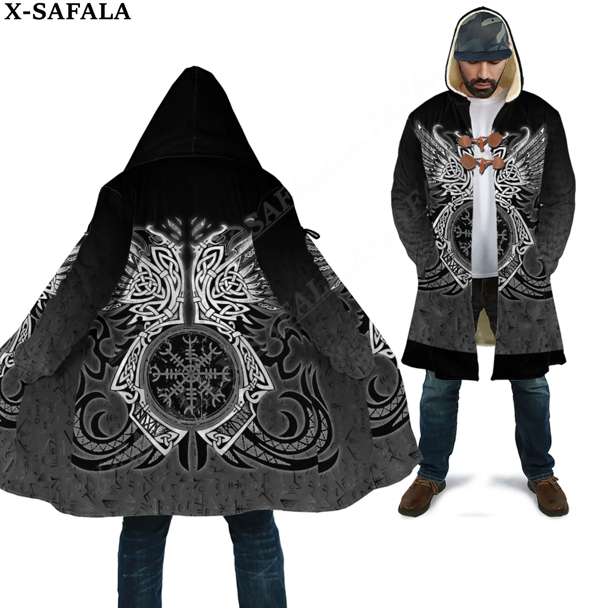 

Raven Cletic Tree Tattoo Symbol Viking Odin Overcoat Coat 3D Print Thick Warm Hooded Cloak Men Windproof Fleece Unisex-2