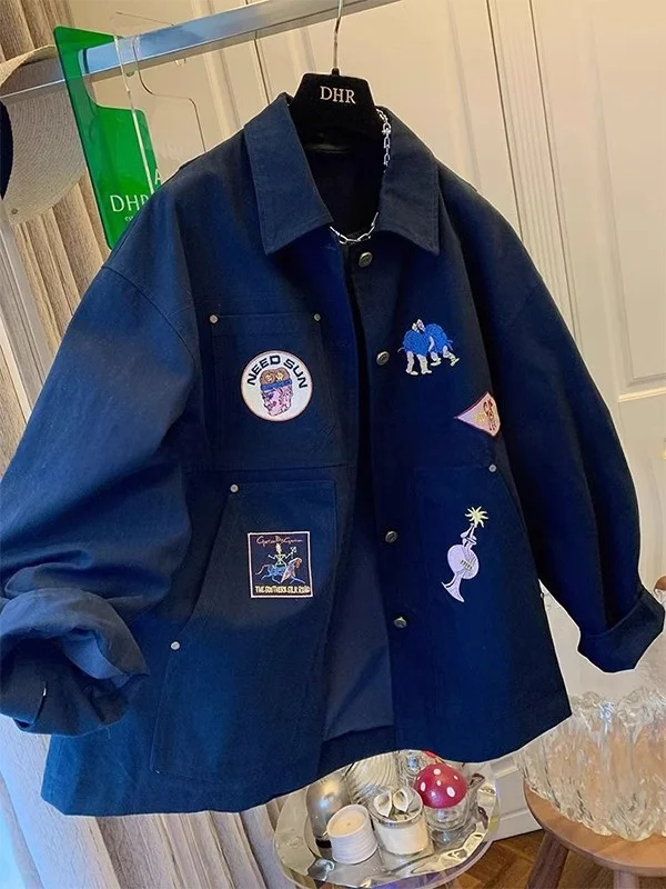 

Мужская куртка размера плюс 300, американская ретро-вышивка, весенне-осенняя верхняя одежда, повседневное модное пальто из полиэфирного волокна