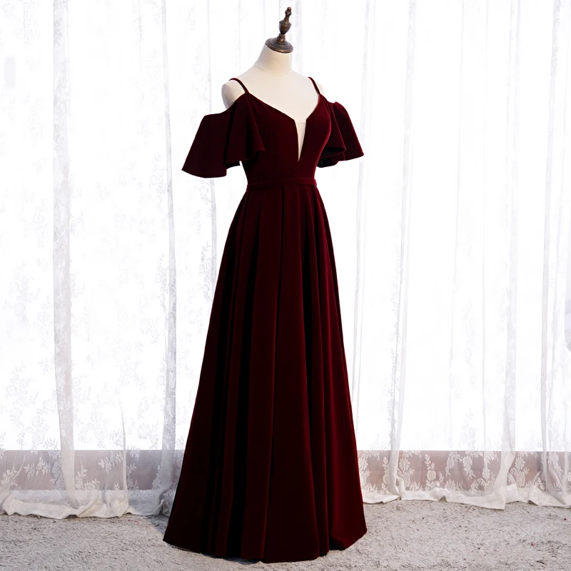 Evening Dress Wine Red Velvet Spaghetti Strap Ruffles Short Sleeves Lace up A-Line Floor-Length Party Formal Gown Woman B1208