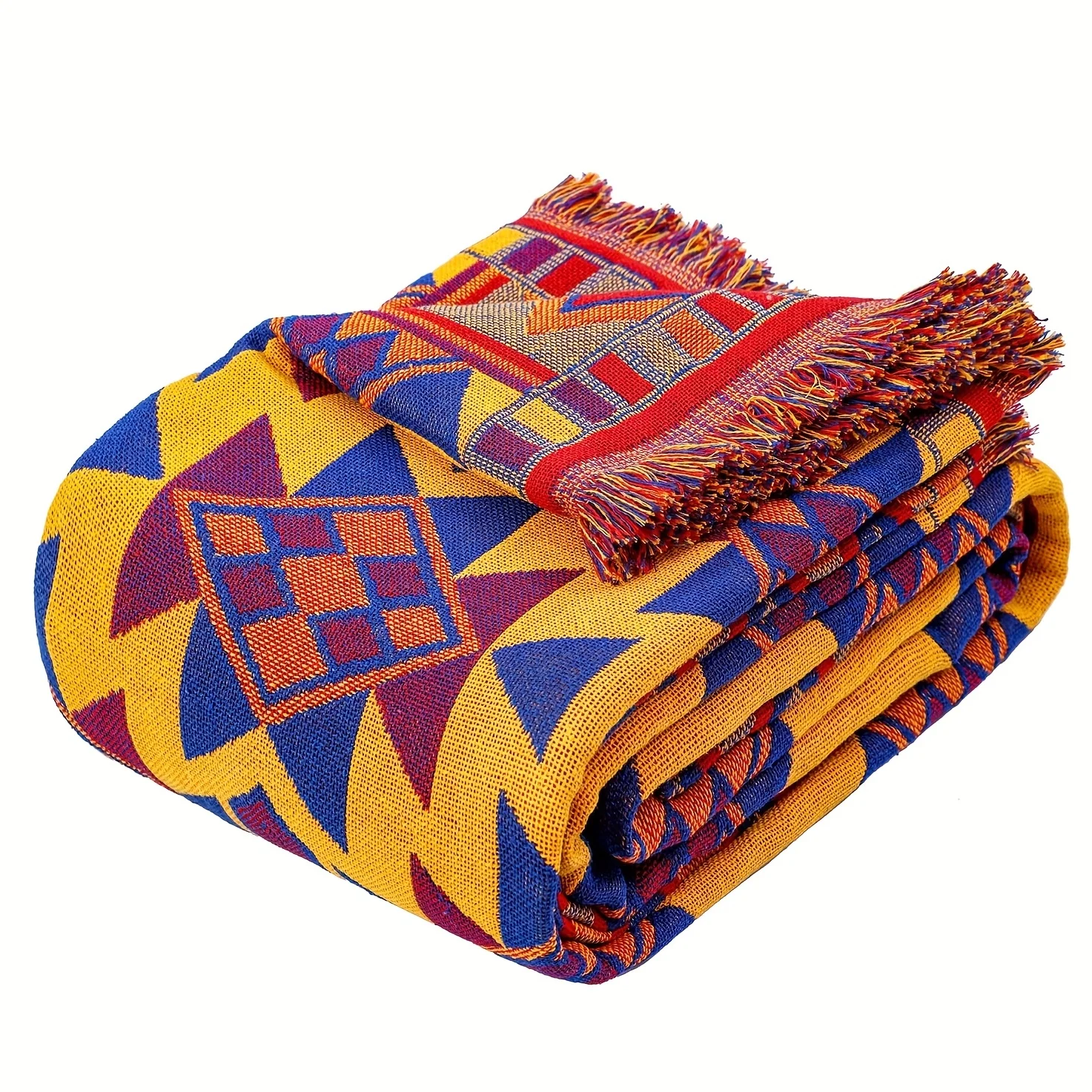 Bohemian Aztec-Inspired Reversible Throw Blanket Geometric Pattern Chunky Knit Weave Tassel Embellishment All-Season Blanket