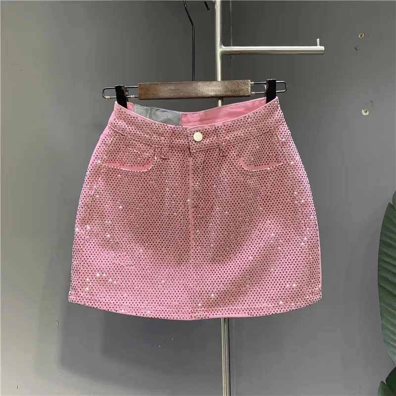 

Jupe en jean haut de gamme, perçage à chaud, industrie lourde, nouvelle collection printemps et été 2024, taille haute, rose, Se