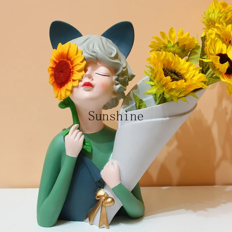 Sunflower bouquet girl vase ornament creative home flower arrangement porch TV cabinet decoration