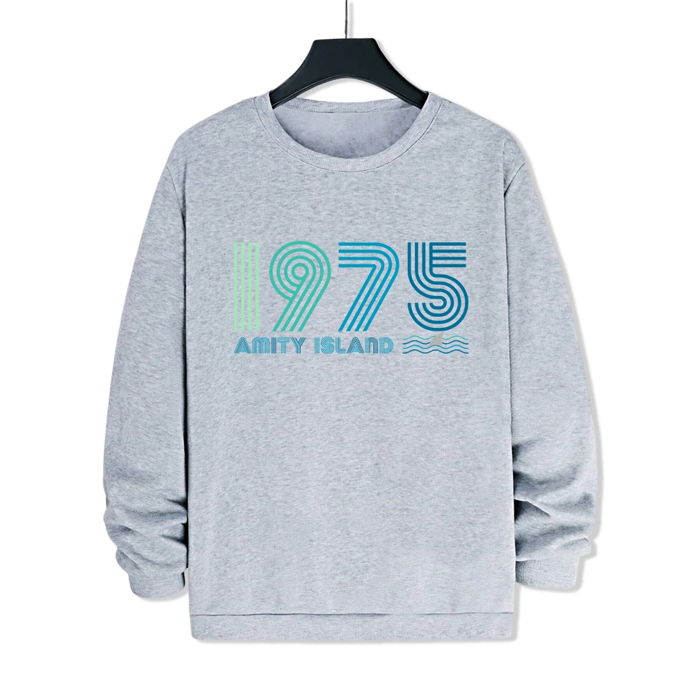 1975 Amity Island Printing Tracksuit Male Warm Fleece Fashion Clothes Crewneck Casual Street Sweatshirt Autumn Simple Pullover