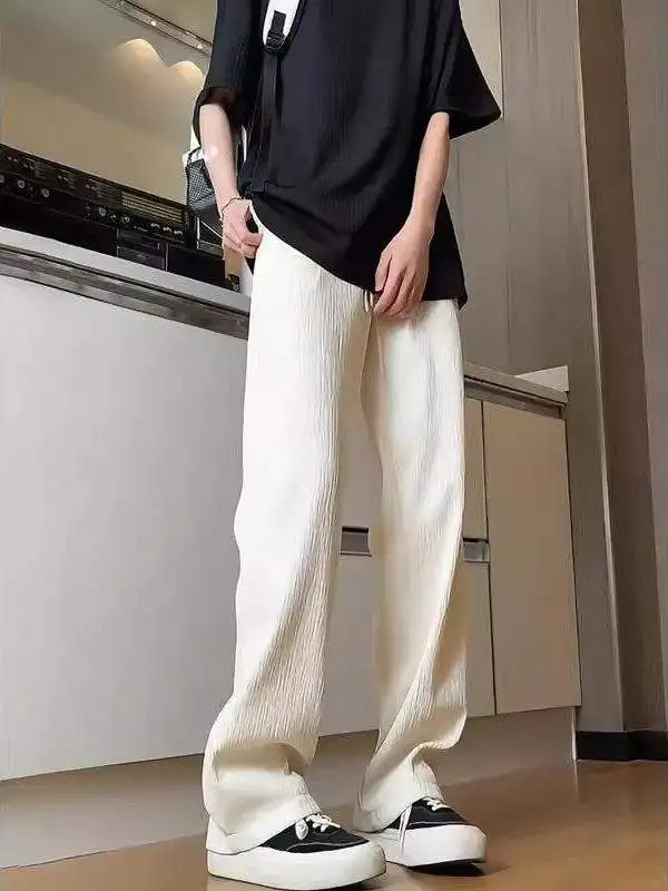 

Свободные прямые брюки из ледяного шелка с текстурой, быстросохнущие, дышащие, летние, длинные, для мужчин и женщин, повседневные, свободного кроя