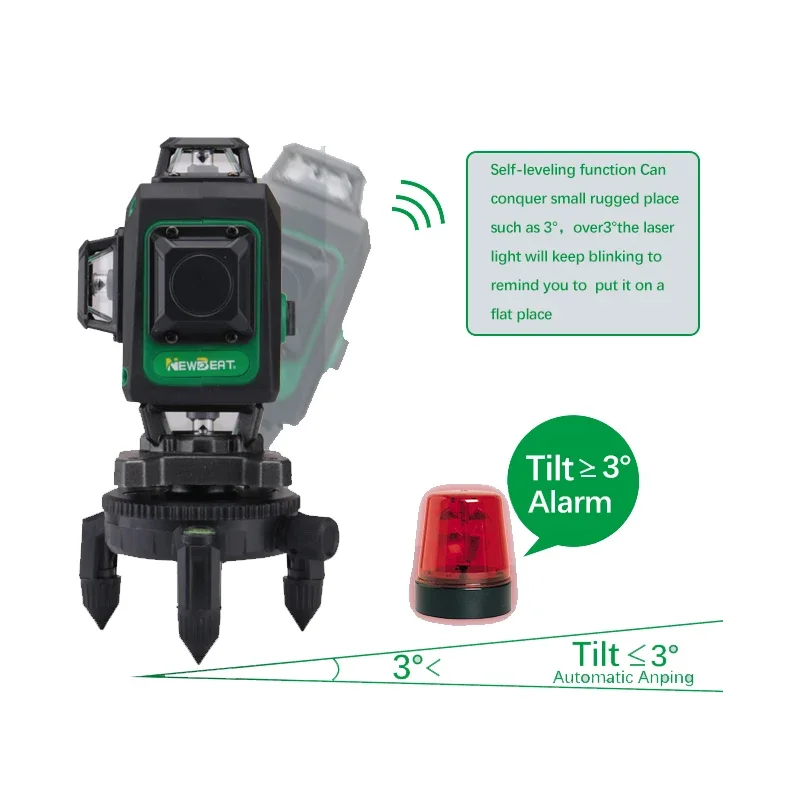 Nivel Láser Rotatorio NewBeat Green Lines 360° para Exteriores, con Batería, 16 Niveles 4D, Medidor Láser