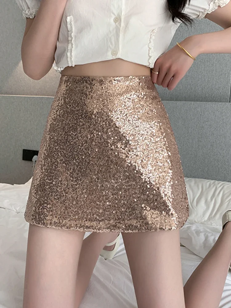 

Mini Skirt Women Solid High Waisted Sequins A-Line Skinny Slit Leg Shiny Skirts 2023 Spring Summer New Office Lady Korean