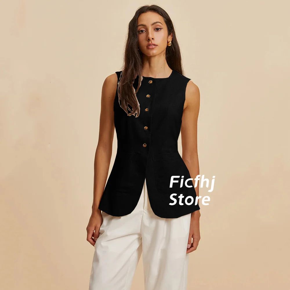 Women Vest Elegant Square Collar Linen Sleeveless Single Breasted Office Lady Vintage Fashion Female Clothing жилетка женская