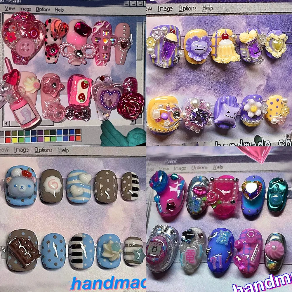 Cute Cartoon Girlish Style Bear Rilakkuma Pearl Love Gemstone Short Fake Nail Dot Flower Glitter Nail Art Summer Hand Accessory