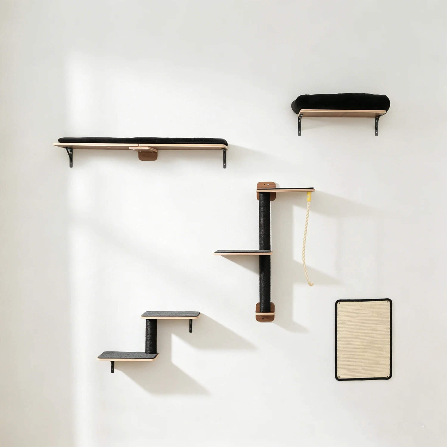 Holz-Katzenkletterwand-Regale 5-in-1 Katzenwandmöbel mit Liegeflächen, Sisal-Kratzpfosten & Kratzmatten, Kletterseile, Modernes Kletter-Set für Hauskatzen, Zubehör, Katzenspielzeug