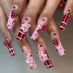 3D Extended Fake Nails Polka Dot Design Full Cover Nail Tips Art Strawberry Cute Bear Rose Press on Nails Wearable Fingernail