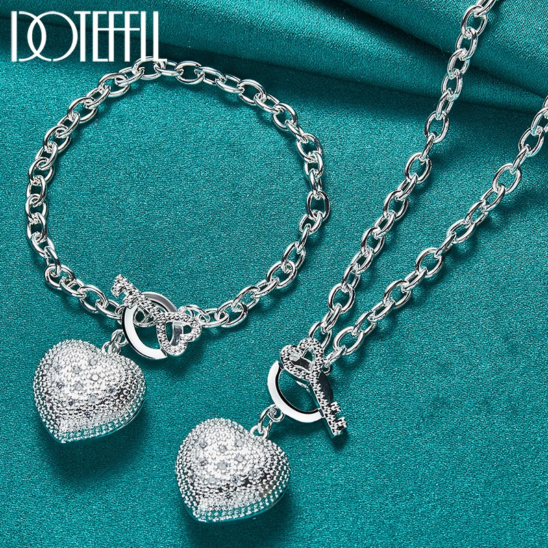 DOTEFFIL 2pcs 925 Sterling Silver AAA Zircon Heart Bracelet Necklace Set For Woman Man Wedding Engagement Fashion Charm Jewelry