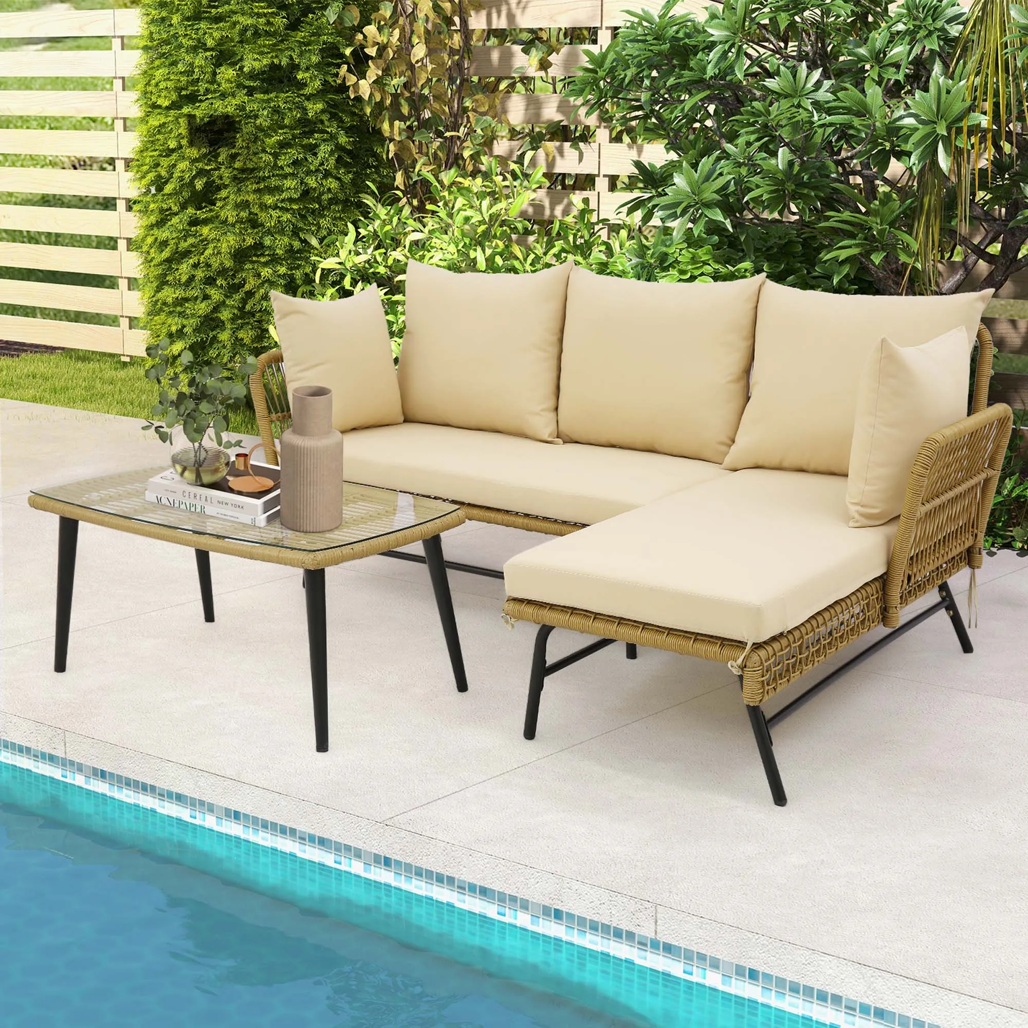 

3 PCS L-Shaped Patio Sofa Set Conversation Furniture with Cushions Deck Garden Beige