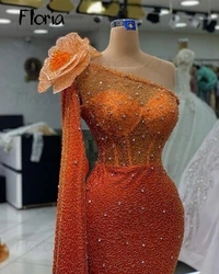 Floria Sparkly Orange Long Cape Sleeve Evening Dress African Girls Luxury Crystals Formal Prom Party Gowns 5D Flower Shoulder