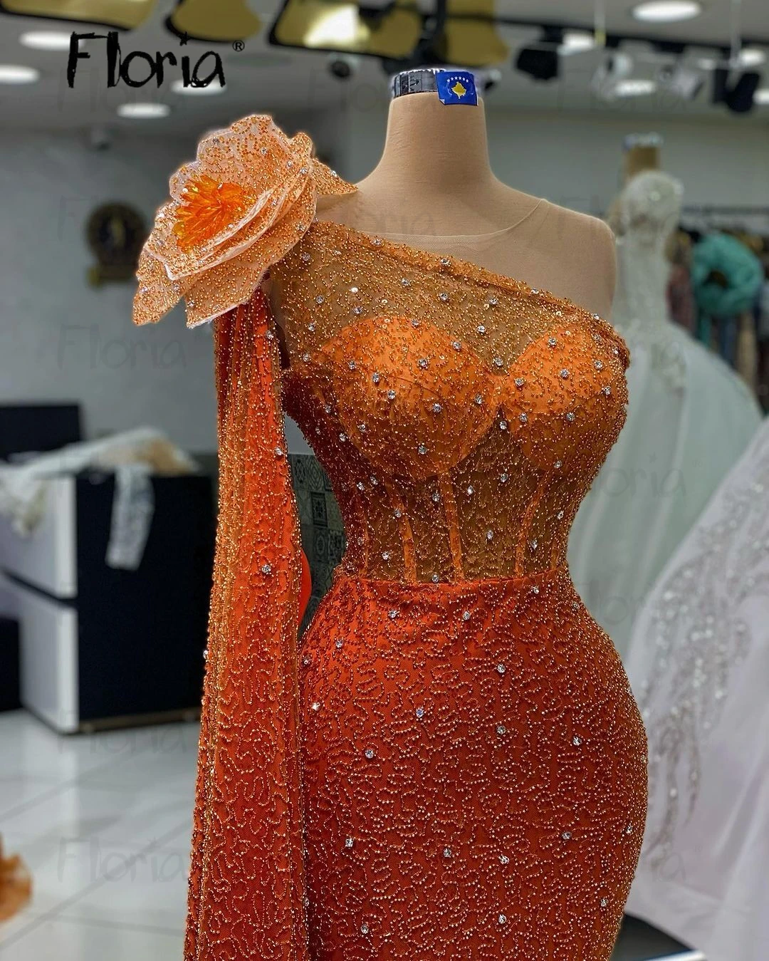 Floria Sparkly Orange Long Cape Sleeve Evening Dress African Girls Luxury Crystals Formal Prom Party Gowns 5D Flower Shoulder