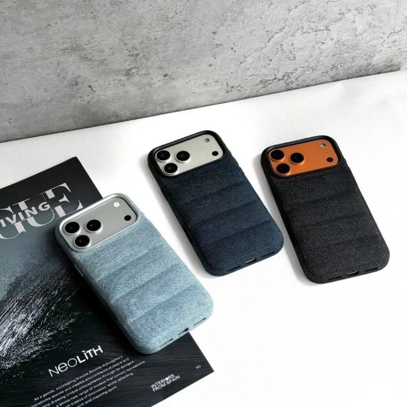 Denim Down jacket Phone Case for iPhone 17 Pro Max 16 15 14 Fashion Solid Color Silicone Shockproof Puffer Cover