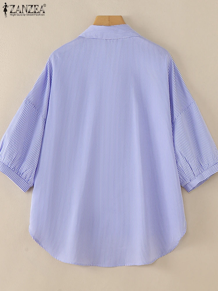 ผู้หญิงฤดูร้อนลาย ShirtZANZEA Elegant ทํางาน OL เสื้อ 3/4 แขนยาว Blusas แฟชั่น High-Low Tunic Casual Chemise