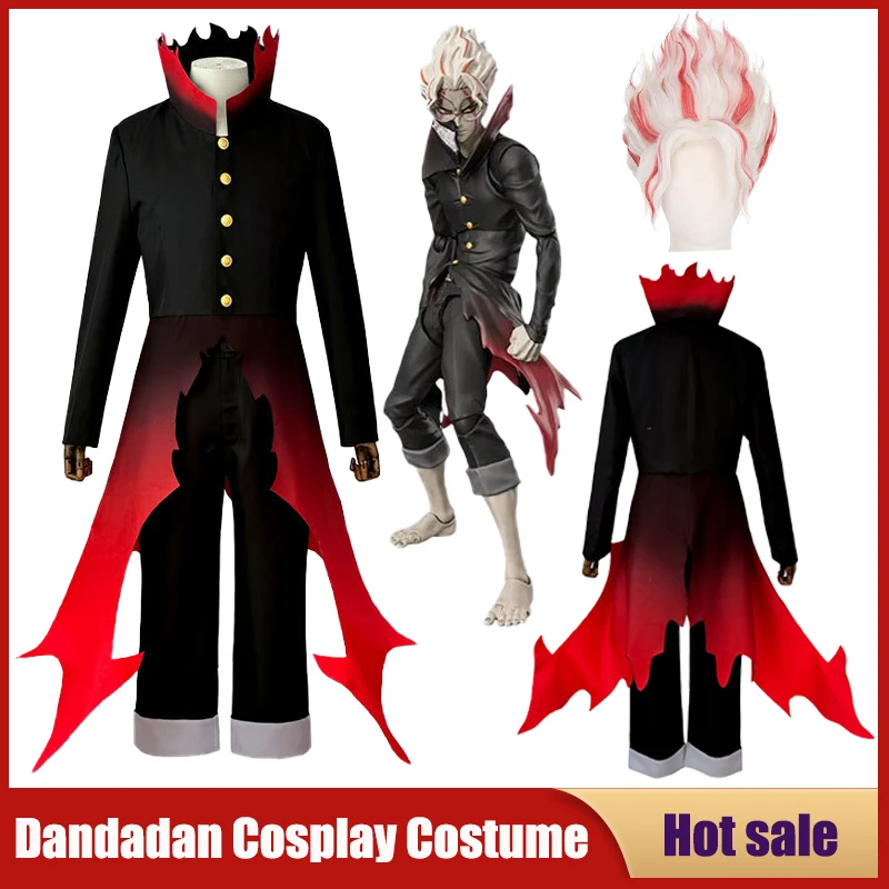 Anime Dandadan Cosplay Ken Takakura Ken Okarun Costume High Necked Trench Coat Red Black Outfit Turbo Granny Mode Curly ShortWig