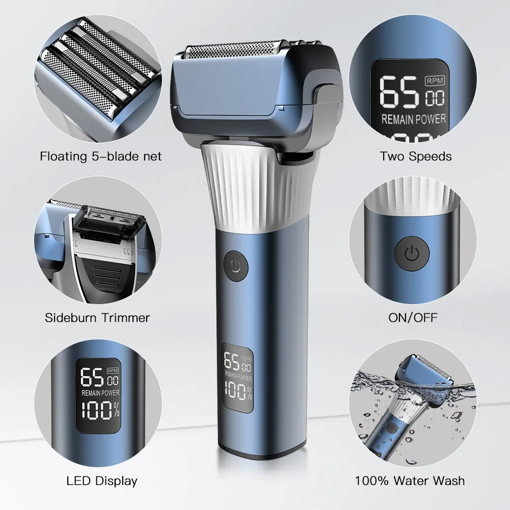 Men's 5-Blade Electric Shaver Reciprocating Beard Shaver with Digital Display Water-Washable Rechargeable Grooming Tool