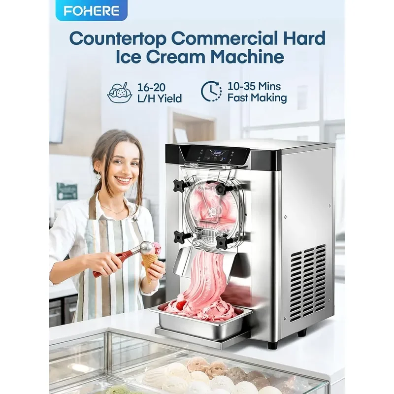 Commercial Ice Cream Machine 1400W 20 L H Yield Countertop Hard Serve Ice Cream Maker with 4.5L Stainless Steel Cylinder LED